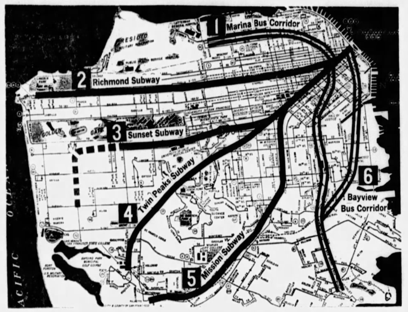A 1966 newspaper map showing proposed routes for San Francisco rapid transit.