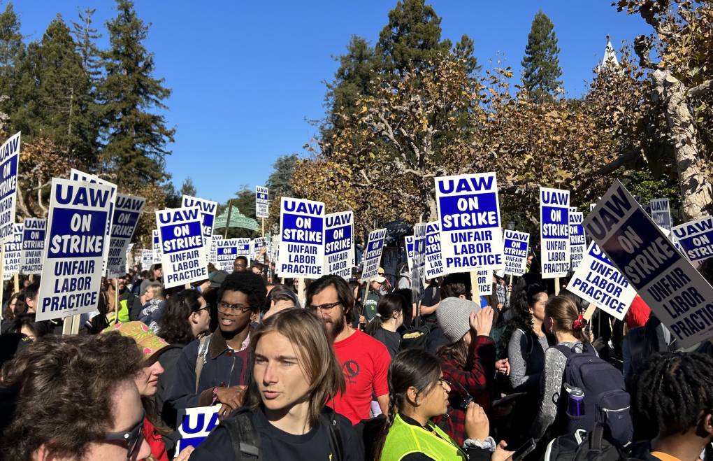 A large crowd of people stand outside on a college campus holding signs that say 'UAW on Strike Unfair Labor Practice.'