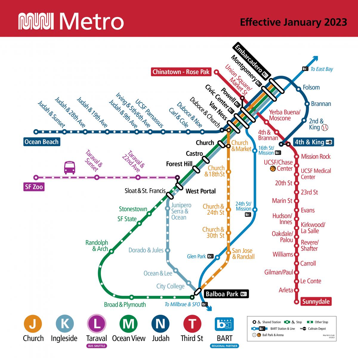 A map of the Central Subway line effective January 2023.