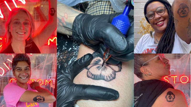 A collage of five images: Center image a tattoo artist tattoos a pansy. Four other images show people displaying their tattoos.