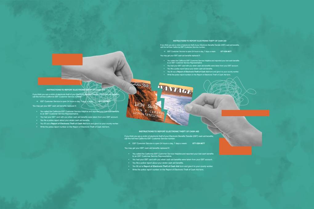 An illustration shows two hands tearing a debit card in half against a green background with instructions on how to prevent EBT theft
