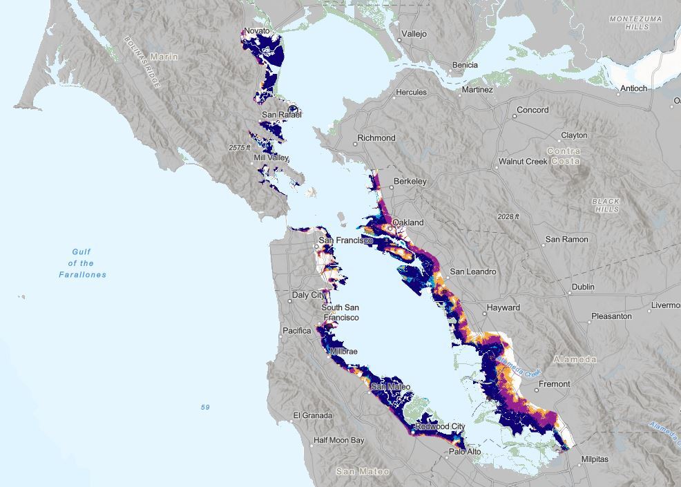 A map showing intense flooding all along the shores of the Bay Area.