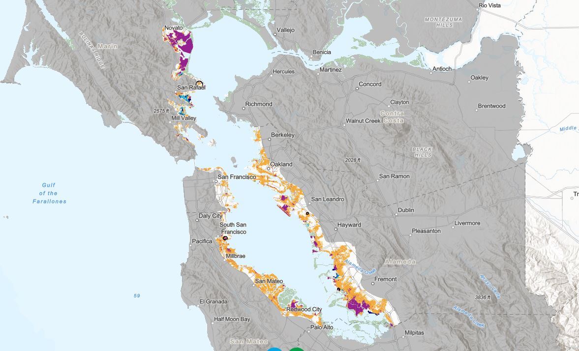 A map showing light flooding along the shores of San Francisco Bay.