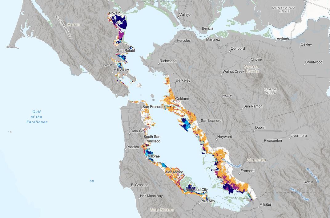 A map shows moderate flooding in a few areas, mostly Novato and some southern parts of the Bay Area.