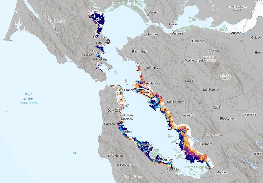 A map showing more intense flooding along the southern Bay Area such as Palo Alto, Redwood City and Fremont.