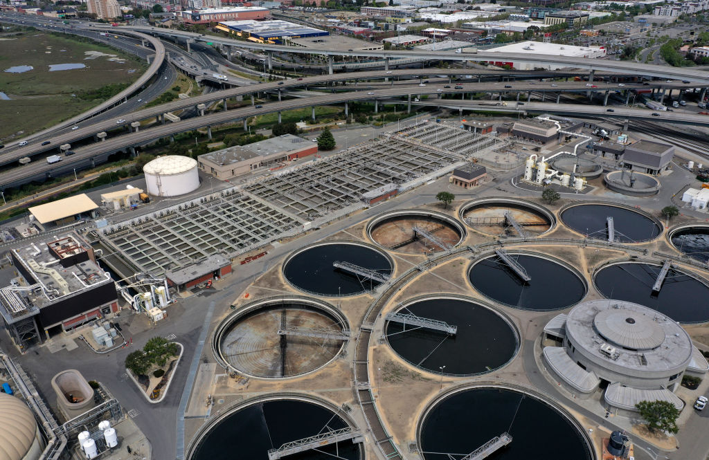 Aerial view of a large wastewater treatment plant.