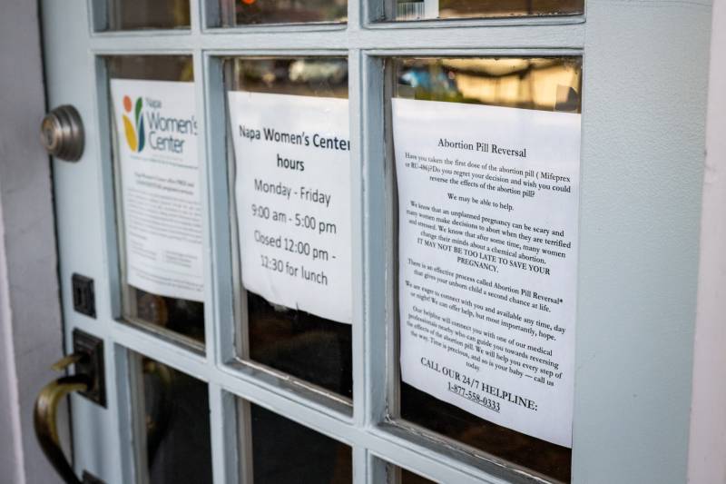 Three printed-out signs advertising, among other things, 'abortion pill reversal' in a row of glass panels in a front door.