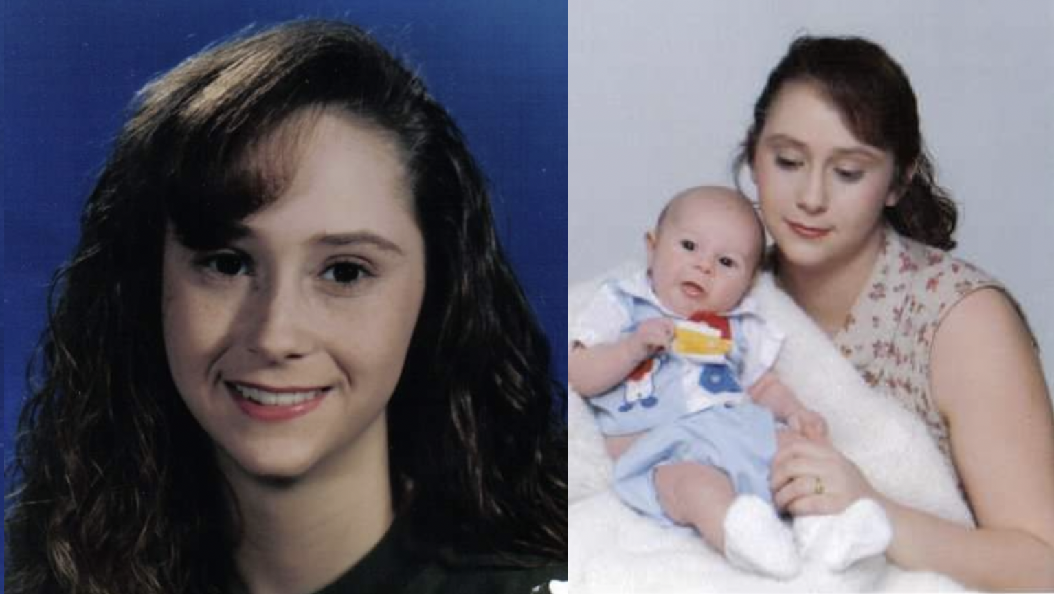 a young teen girl with brown hair in a school photo at left, and in a portrait with her infant son on the right
