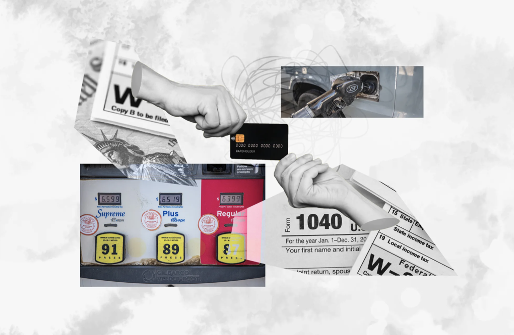 A collage image of two hands holding a credit card, gas pumps and part of a 1040 tax form.