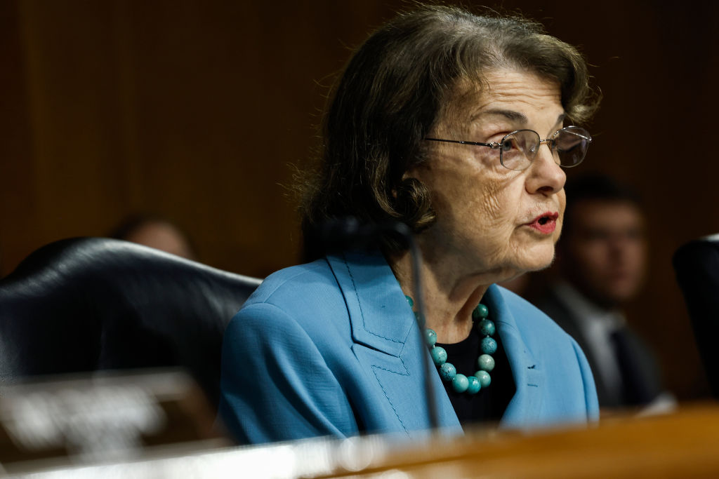 An older white woman wearing a sea-blue blazer, a turquoise necklace, and a black blouse, with glasses and thin brown hair, speaks from a black leather chair in what appears to be a wood-paneled Congressional hall.
