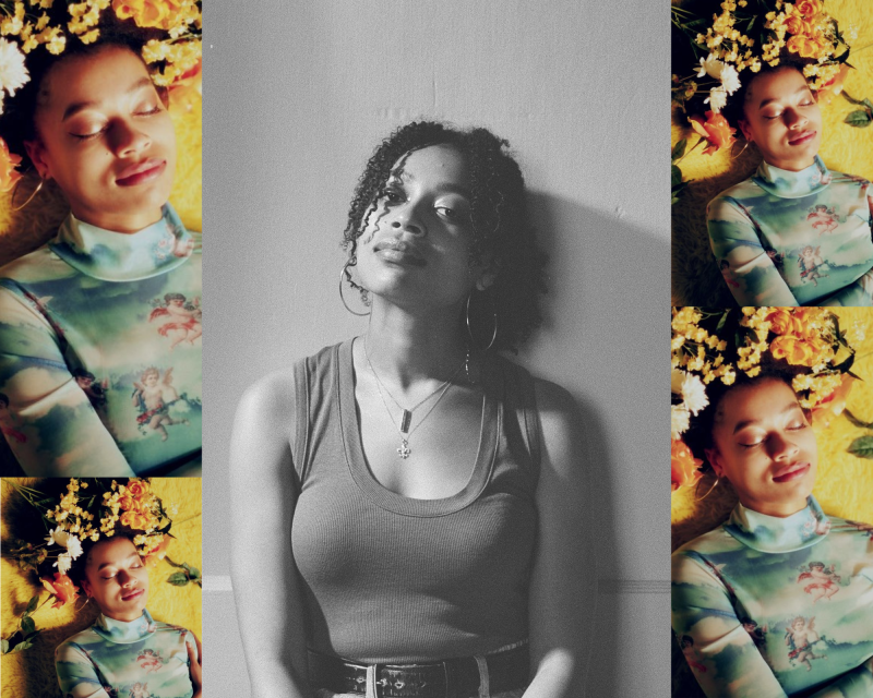 A collage of five pictures with a black and white image of a woman standing against a wall in a tank top shirt with colorful images of a woman lying down with flowers in her hair and wearing a shirt with angels and clouds.