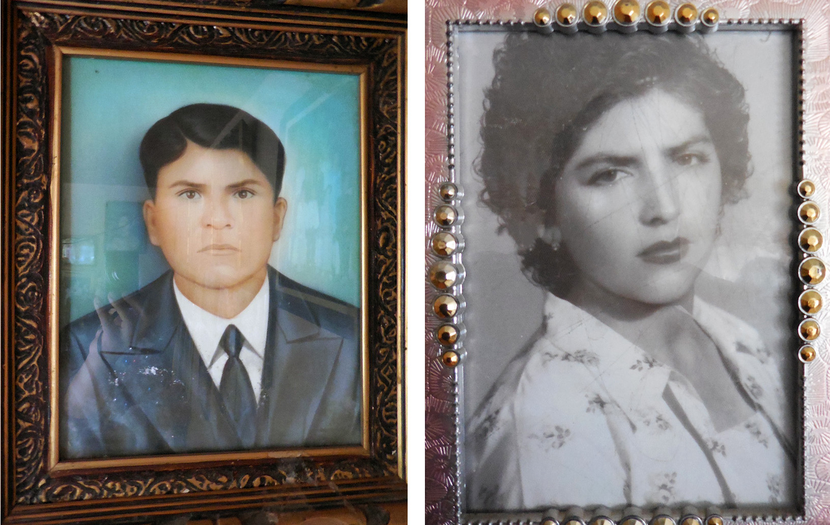 Two framed portraits, next to each other, of a man and a woman.