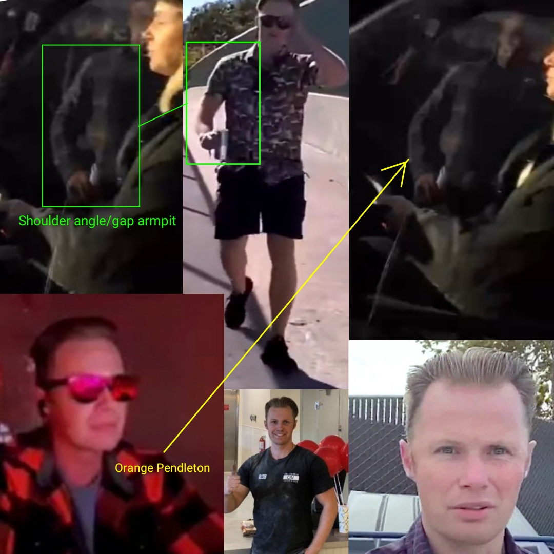 A collage showing different photos of a white man, from headshots to full body pictures with arrows and green squares pointing to different pictures.
