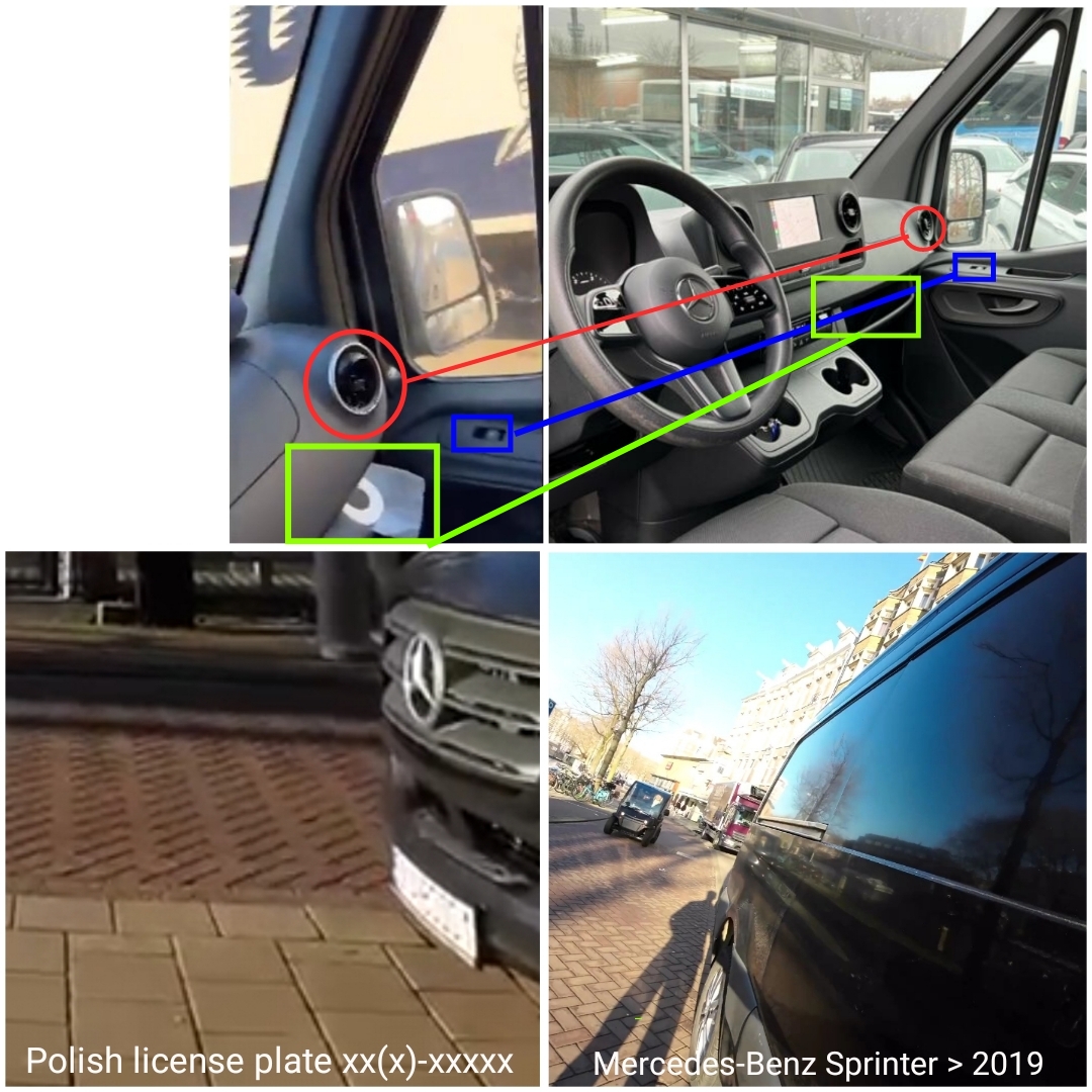A collage of four photos showing with green squares and red circles highlighting different parts of a vehicle.