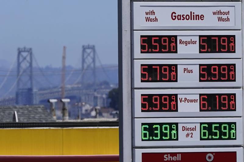A sign at a gas station shows very high gas prices, approaching $6 a gallon. The Bay Bridge can be scene in the background.