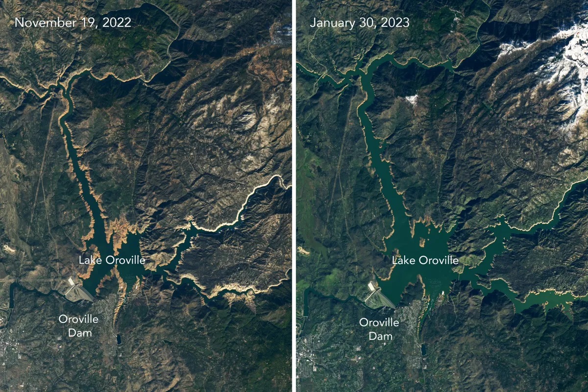 Side-by-side satellite images of a green landscape, with green water in the middle. The lake is not round but rather L-shaped, with the largest area pooling at the fulcrum. Whereas the picture on the left shows an outline of brown shoreline, the picture on the right shows much more green water and a significantly smaller brown shoreline.