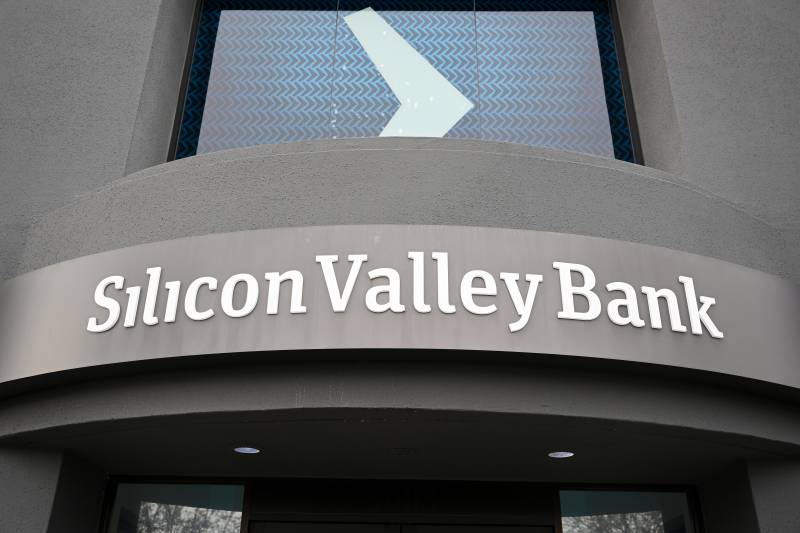The outside of Silicon Valley Bank's building. Its gray exterior had white letters above the front entrance to the bank's headquarters.