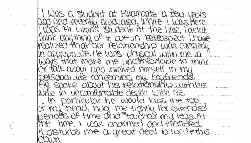 An image of a handwritten message that begins, "I was a student at Miramonte a few years ago and recently graduated."