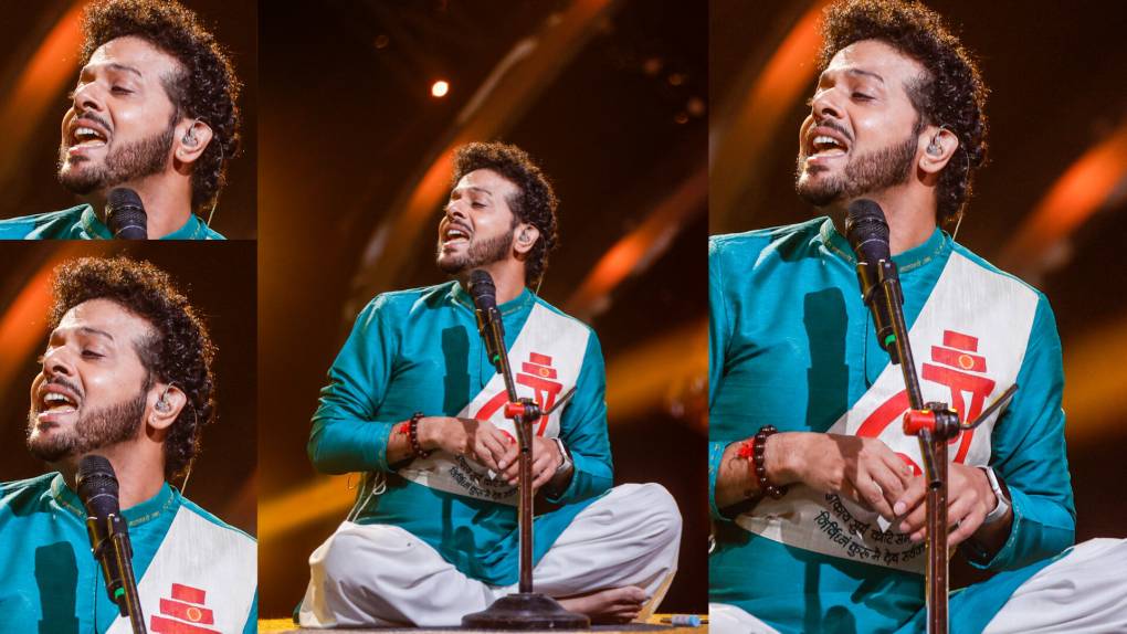 A collage of a photo of singer sitting in a turquoise kurta and singing into a mic.