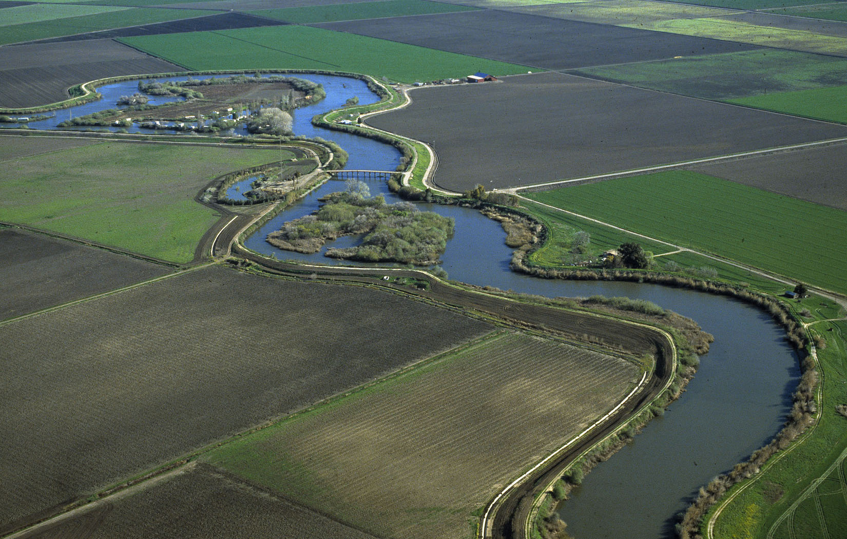 An aerial shot of a serpentine-like river with farmland in various shades of green surrounding it.