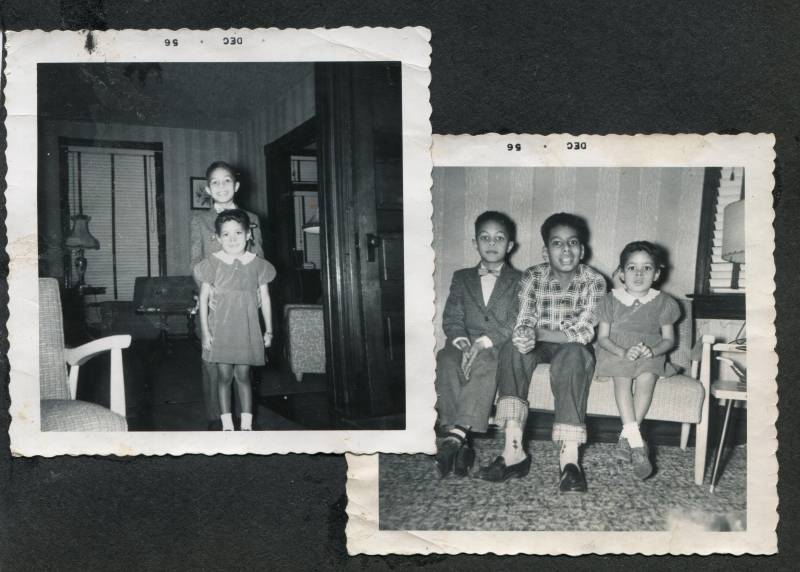 Two black and white photos of children. The photo on the left shows a young boy standing behind a young girl. The second photo shows two young boys and a young girls sitting on a couch.