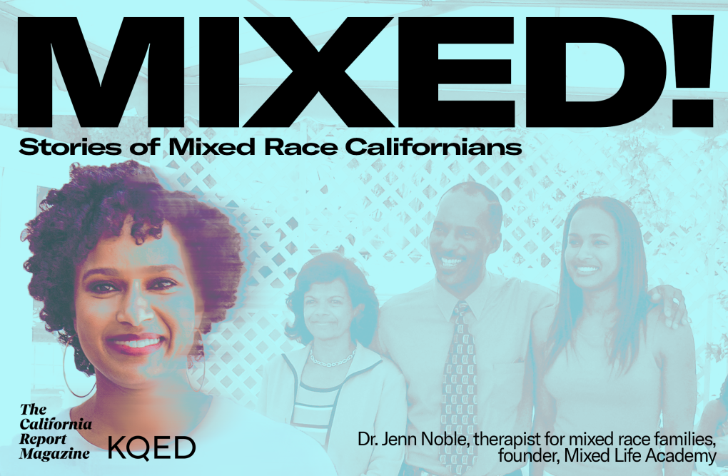A photo illustration with a family of three, a portrait shot of a woman and big, bold letters that read, "Mixed! Stories of Mixed Race Californians."