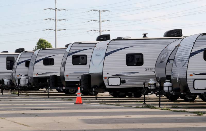 A lineup of trailers outside.