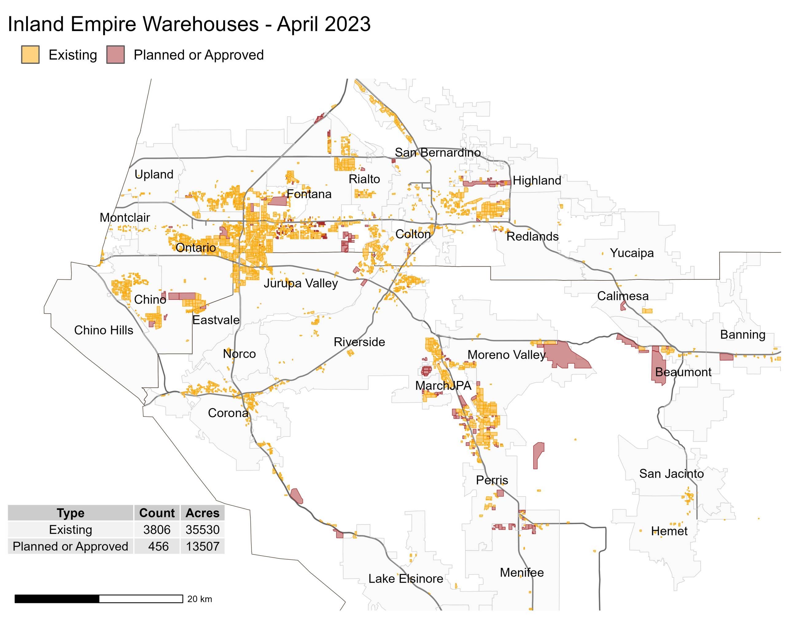 A map showing the many warehouses scattered across the Inland Empire region.