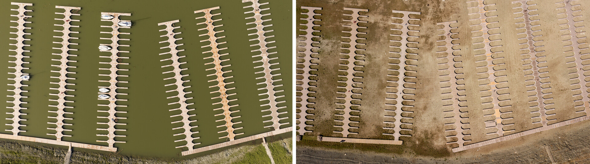 The photo on the left is the docks float in Folsom Lake filled with water. The photo on the right shows now water at all above the docks.