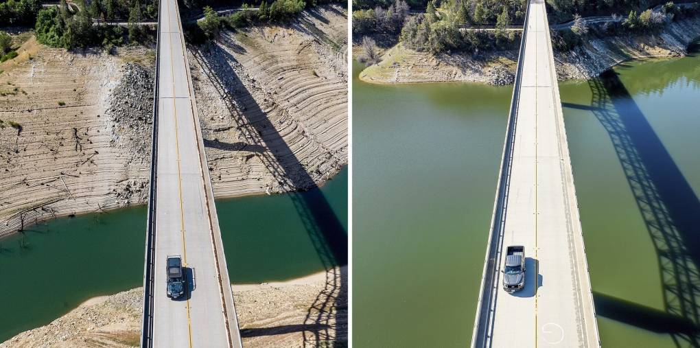The photo on the left shows more land and a bit of water under a bridge. The photo on the right shows more water under the bridge.