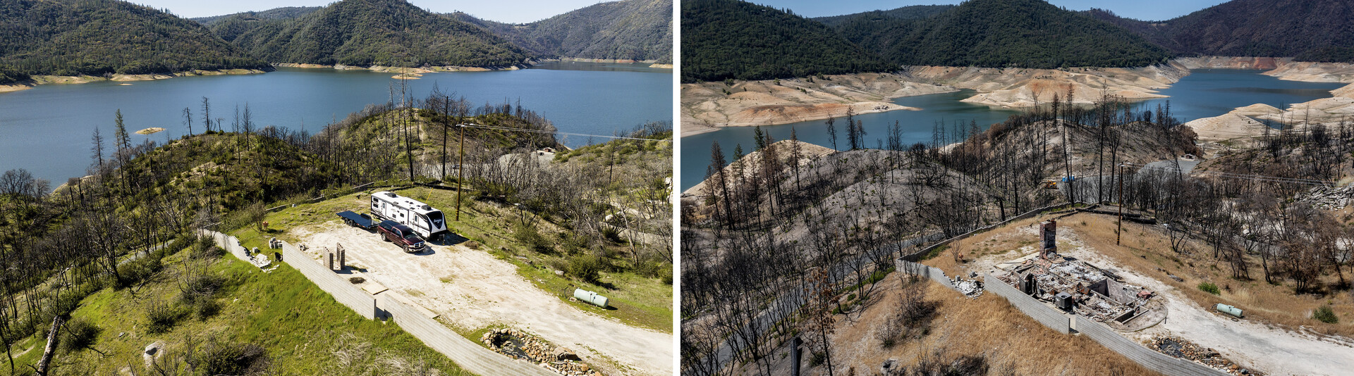 The photo on the left shows a lot of water in Lake Oroville in the background. The photo on the right shows little water in Lake Oroville in the background.
