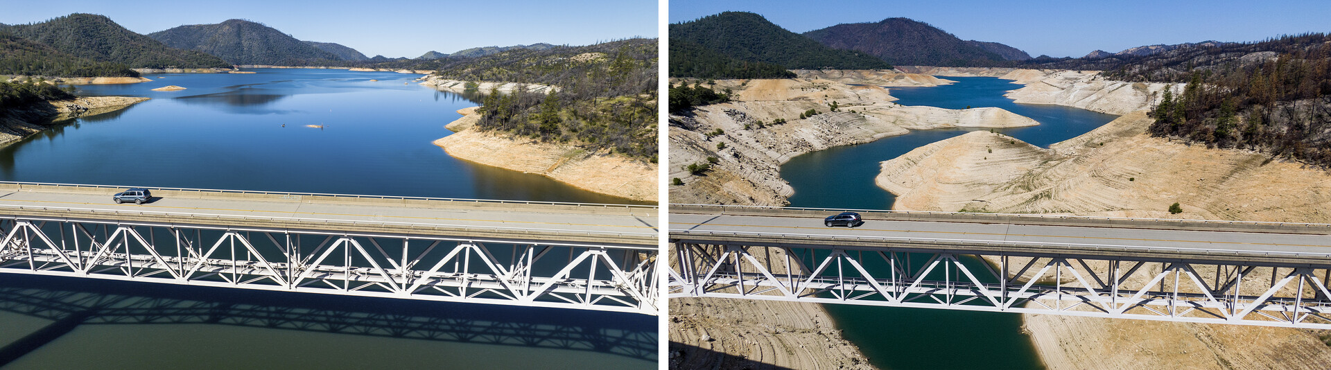 To the left is a photo of Lake Oroville filled with water and to the right is at the same location with much less water.