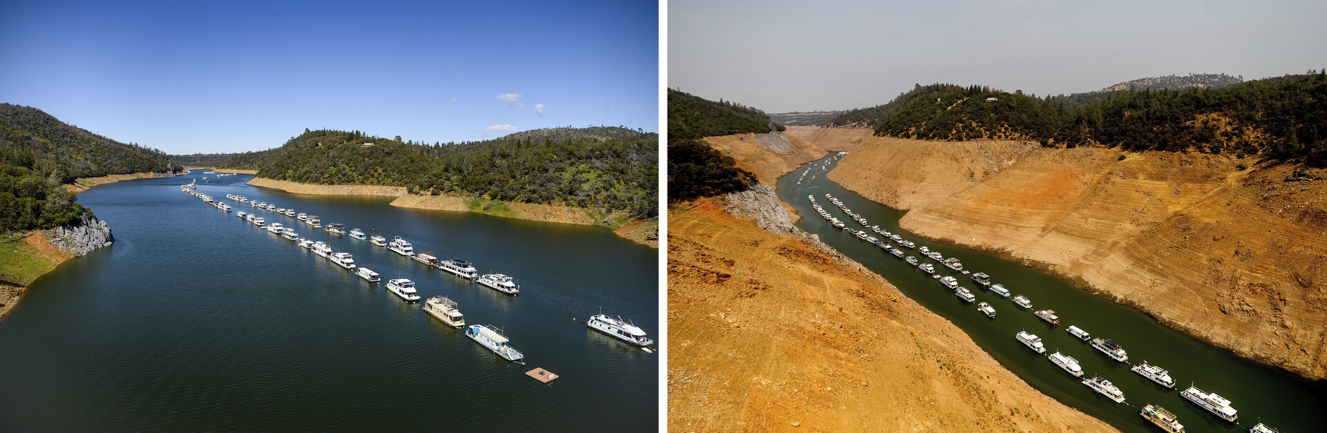 The photo on the left shows boats surrounded by water, while the photo on the right shows little water in Lake Oroville.