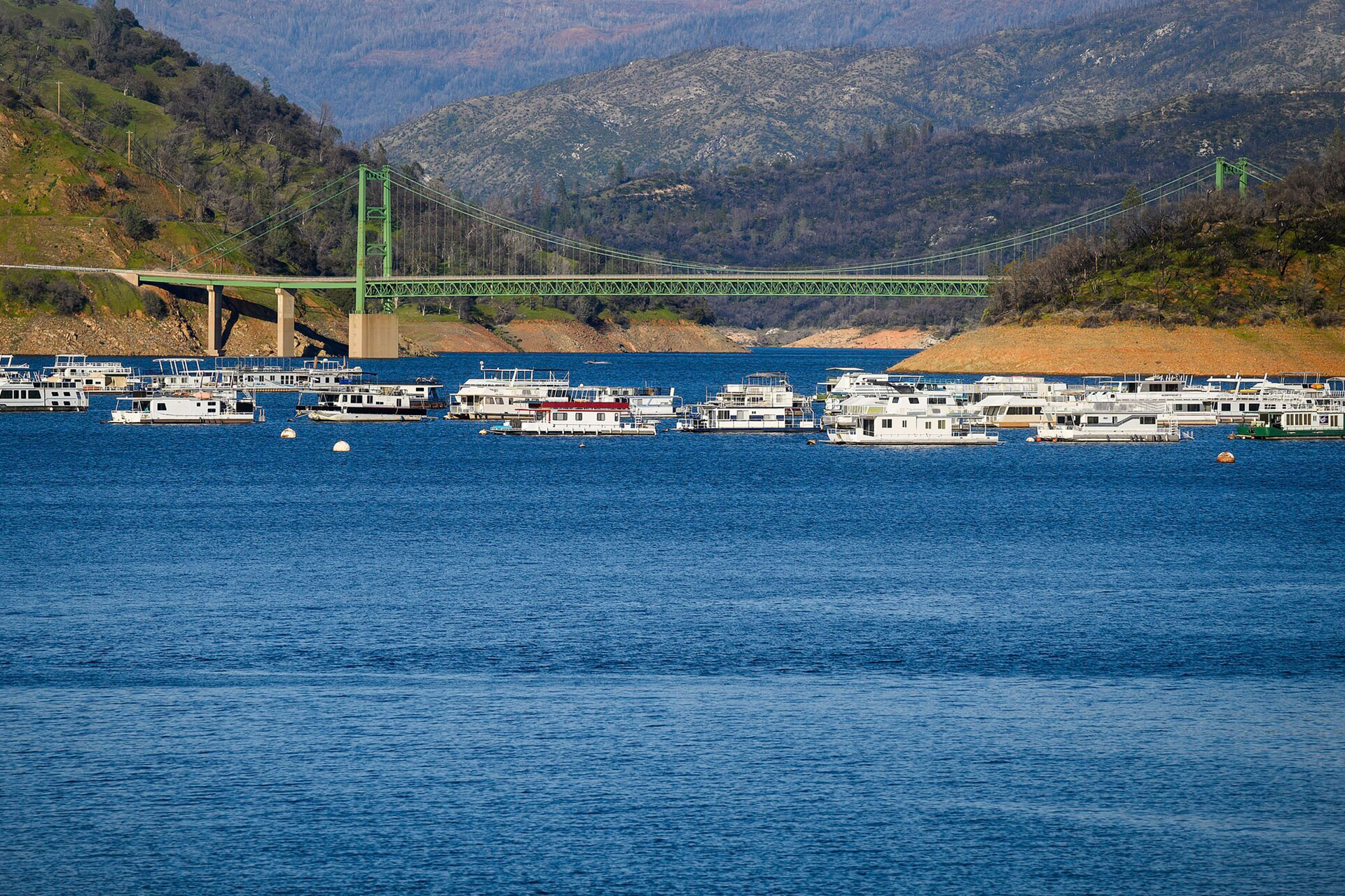 Boats on a leak with a bridge in the background.