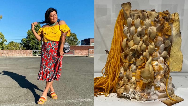 A collage of two images. On the left is a woman in a yellow shirt and red-patterned skirt posing for the camera. On the right is an art piece with what appears to be mushrooms on it.