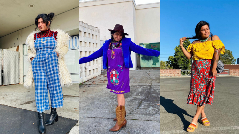 Jessica Gonzalez poses for the camera with different thrifted outfits. 