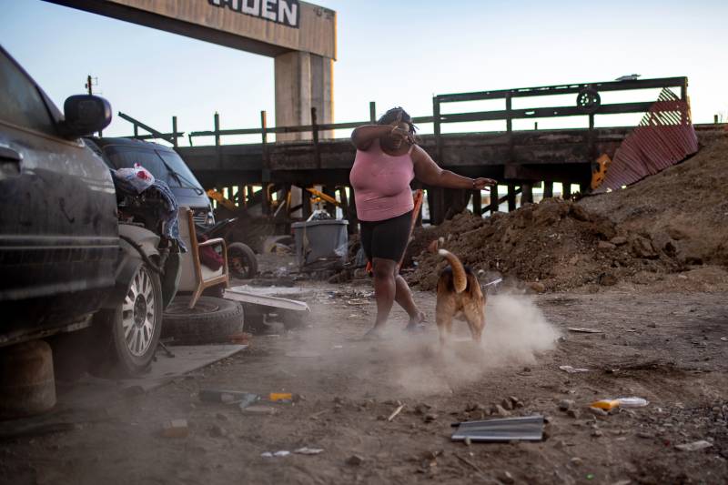 An African American woman dancing with a dog as dust is kicked up, with industrial structures behind them, and she's wearing a pink sleeveless shirt.