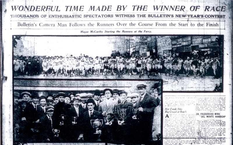 Black and white copy of an old newspaper featuring the headline, "WONDERFUL TIME MADE BY THE WINNER OF RACE." One image shows a large crowd of race participants running, and another shows men in suits holding trophies.