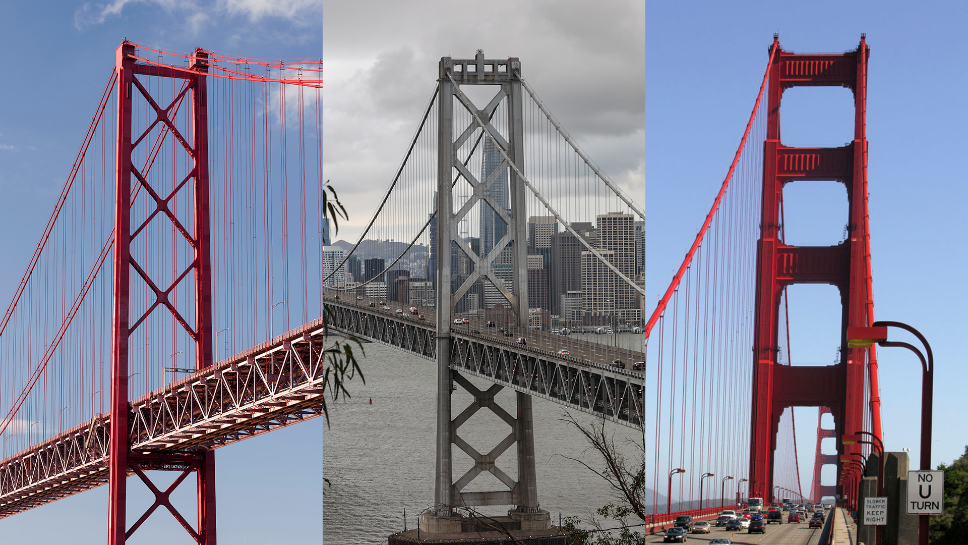 Close up views of the towers of three suspension bridges. The left two bridges have "X" shaped cross supports, while the Golden Gate Bridge, on the right, has square supports.