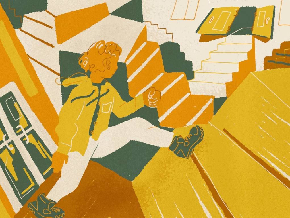 A yellow and green toned illustration of a human figure wearing a yellow jacket and light coloredpants, striding up a staircase in the middle of an M.C. Escher-style maze