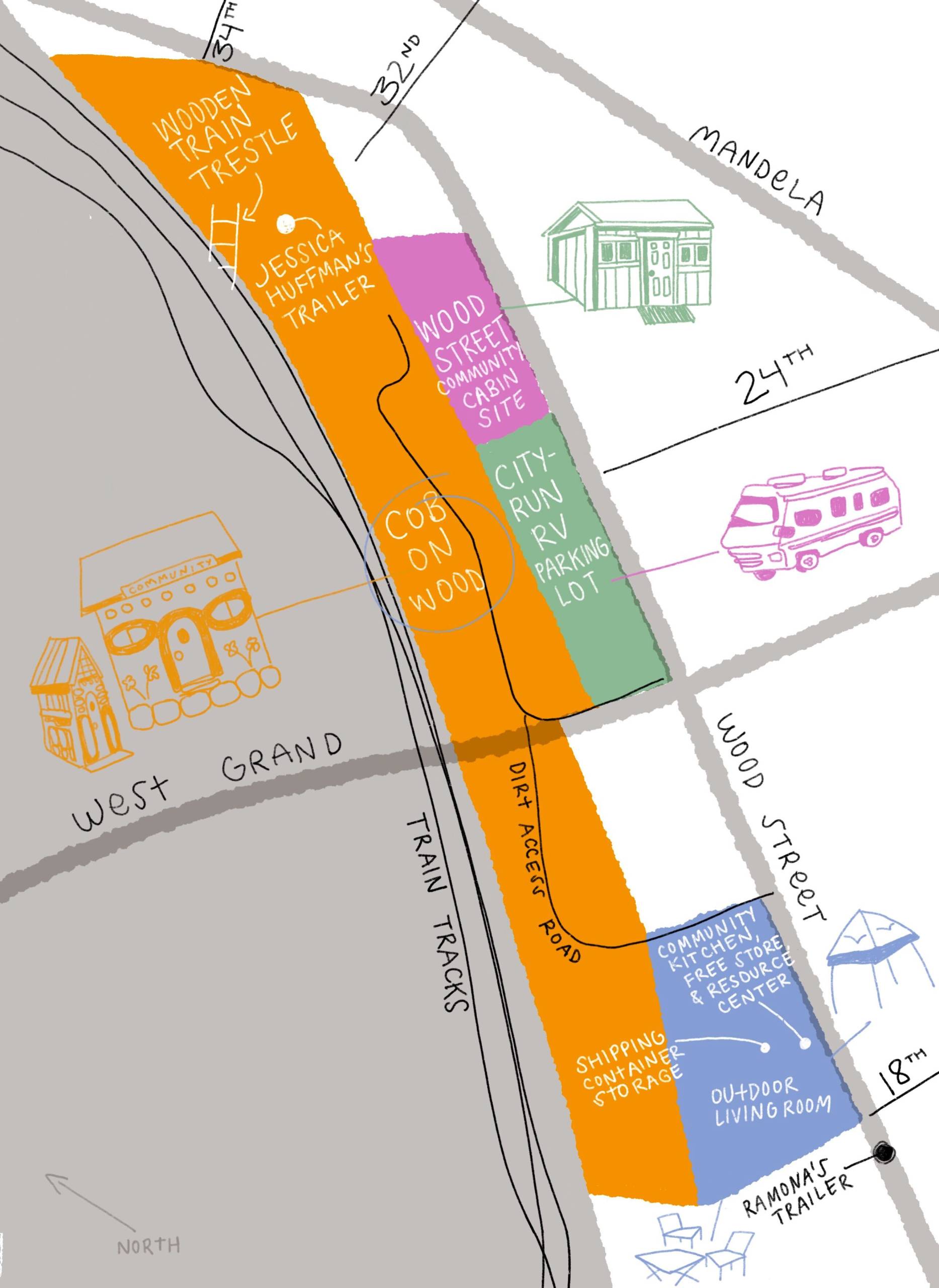 A colorful illustration of a map of the Wood Street encampment located in West Oakland.