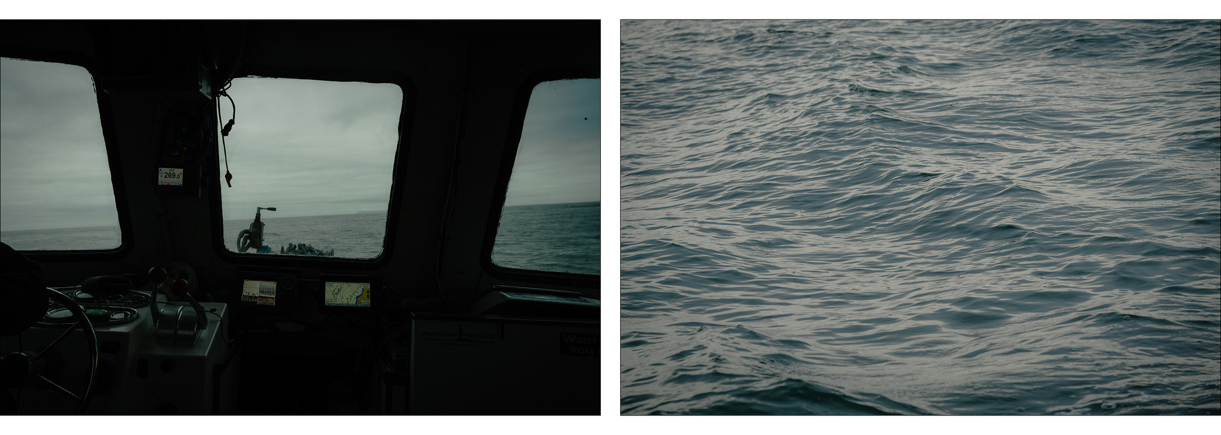 Two photos side-by-side: On the left, a view of the ocean seen through the cabin windows of a boat; on the right, small crests of water on the ocean.