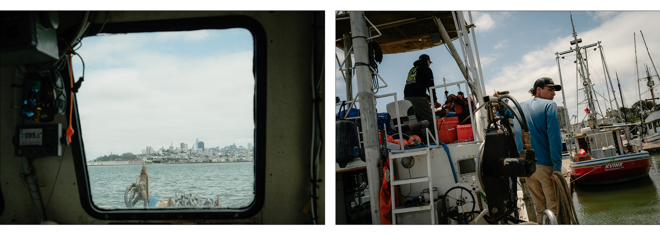 Two photos side-by-side: On the left, a view of San Francisco skyline seen through a window on a boat. On the right: two men work on a boat in a dock.