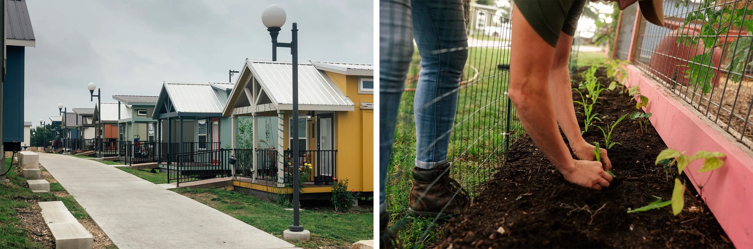 Left: Tiny homes used as residences at Community First! Village in Austin, Texas on May 12, 2023. Right: An employee plants sunflowers at Community First! Village in Austin, Texas on May 12, 2023.