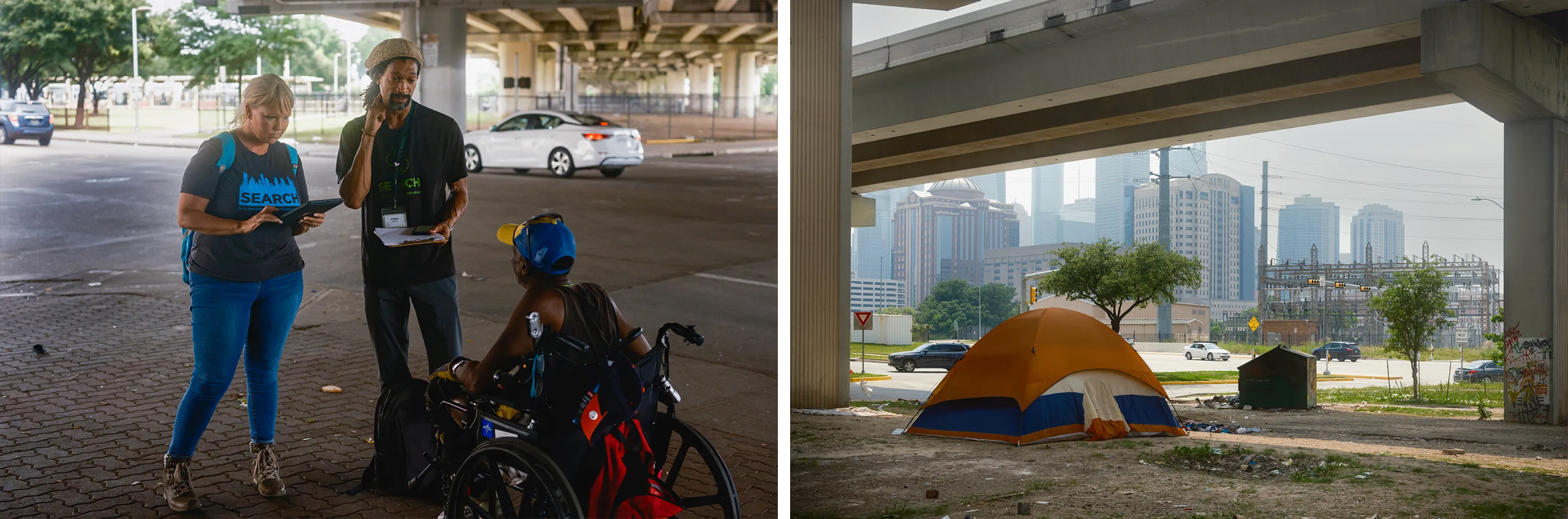 Left: Allison Hillman, left, and LaVoy Darden, right, with Search Homeless Services speak with a client about potential future housing in Houston, Texas on May 5, 2023. Right: A homeless encampment under Interstate Highway 69 in downtown Houston on May 5, 2023.