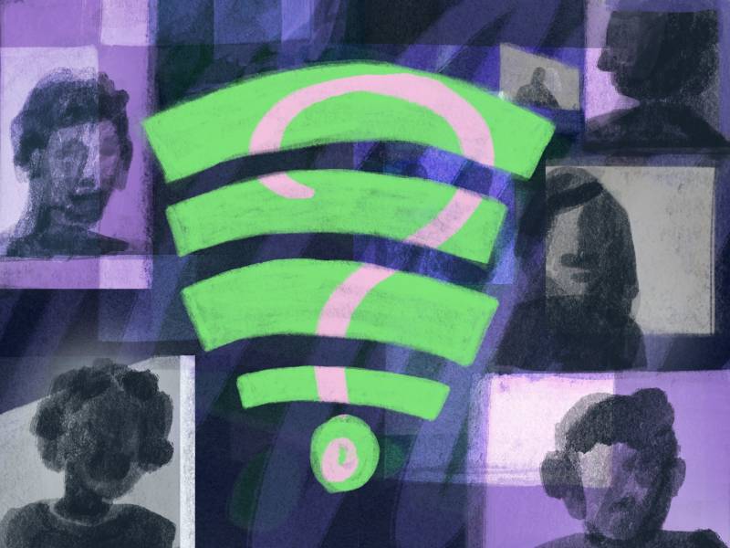 A purple-toned, dark illustration depicting panels of human faces, overlaid with a bright green Wi-Fi symbol with a pink question mark in the middle of it.