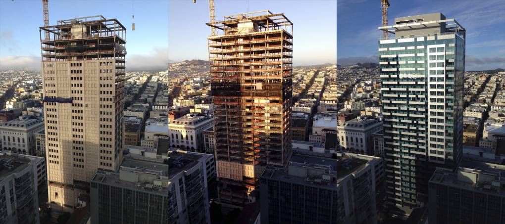 Three images of the same building at different points in construction. In the first, it has a concrete facade. In the second, the building has no facade. In the third, it has a modern glass facade.