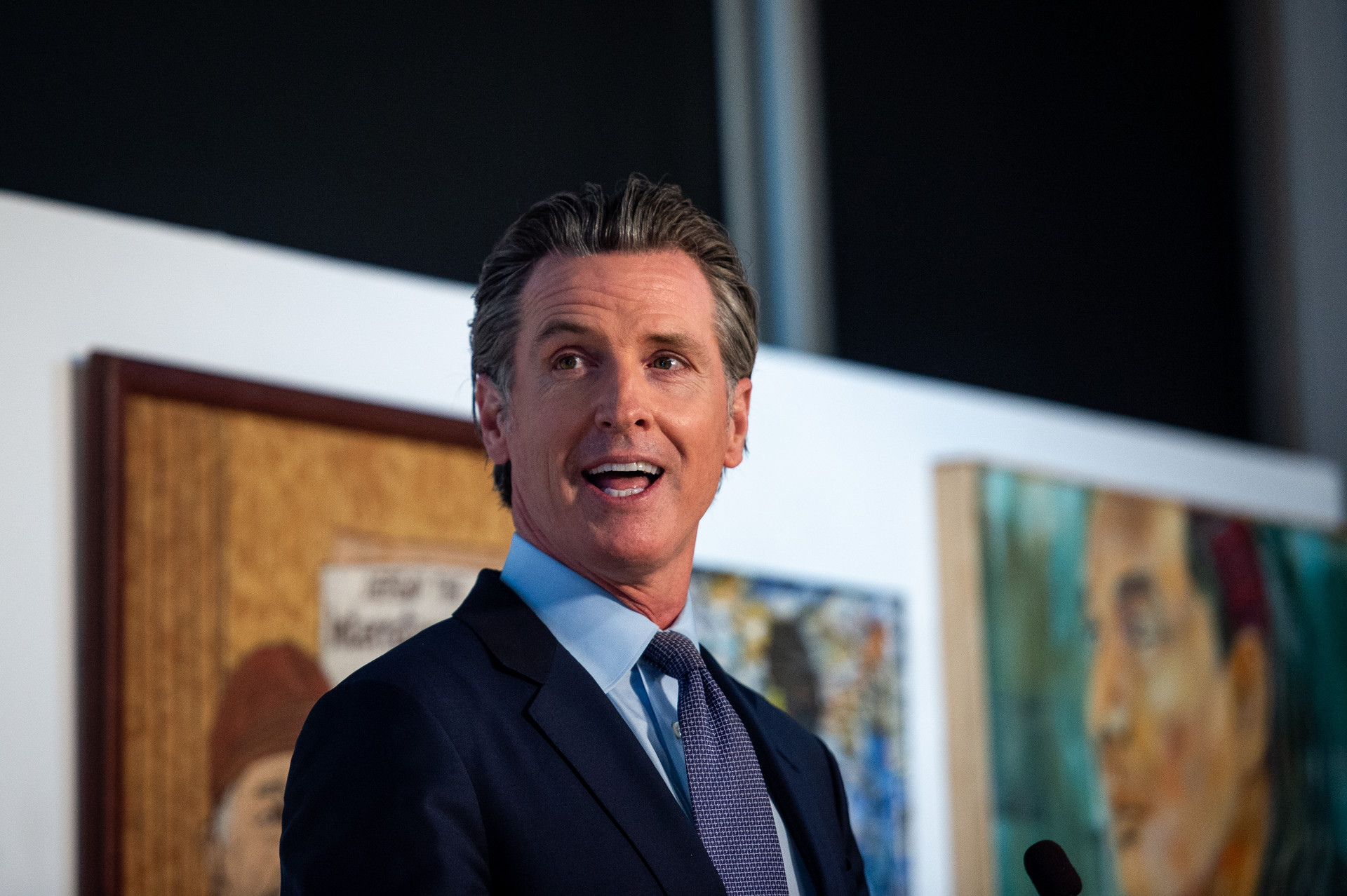 A middle-aged white man is looking off to his right shoulder in a room full of large paintings that hang on white walls. He wears a navy suit and tie with his salt and pepper hair slicked back.