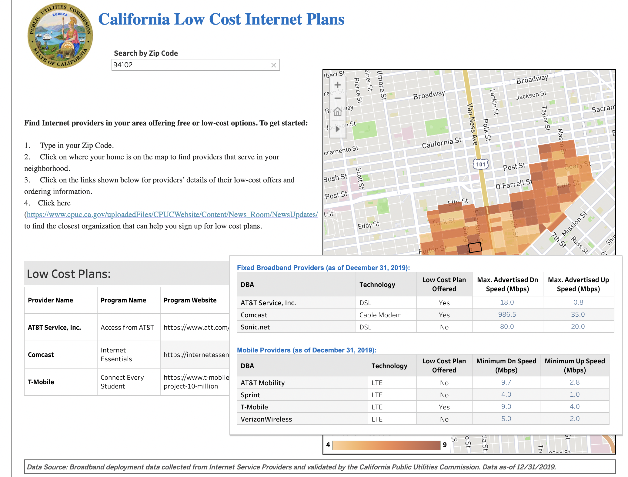 a screenshot of a map with degrees of color, showing which and how many low-cost internet providers are available in this neighborhood of San Francisco