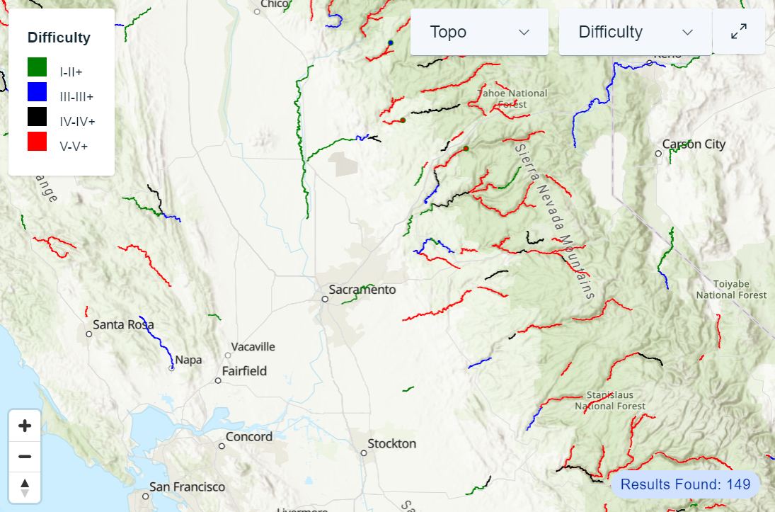 A screenshot from AmericanWhitewater.org displaying the flow of California rivers on the map.
